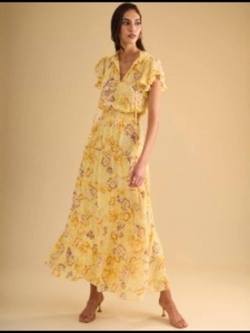 STATE Yellow Floral V-Neck Ruffle Maxi Dress